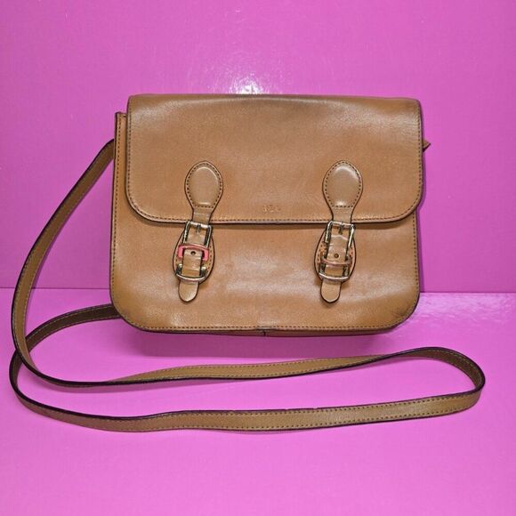 VTGRalph Lauren Women's Camel Brown Leather Adjustable Strap Crossbody Bag